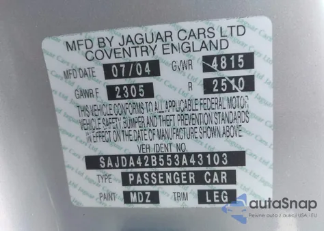 2005 Jaguar Xkr из США, поврежденный, VIN SAJDA42B553A43103